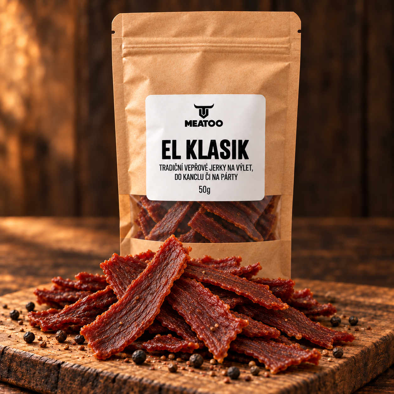 Produktová vizualizace EL KLASIK: kraftový sáček a sušené maso s kořením na prkénku