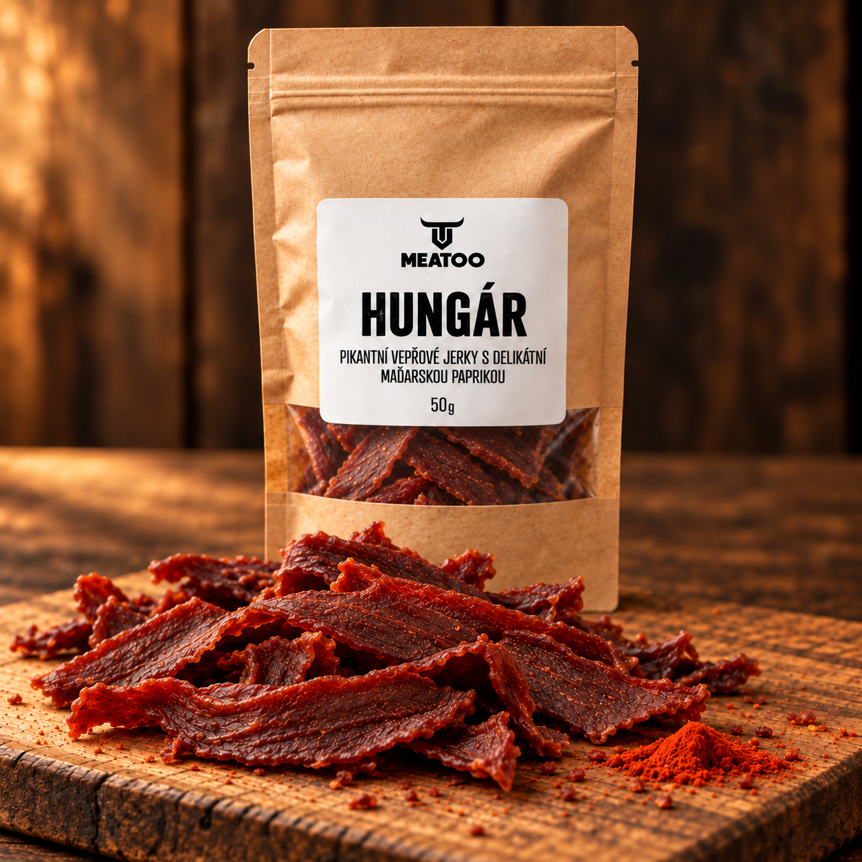 Produktová vizualizace HUNGÁR: kraftový sáček a sušené maso s kořením na prkénku