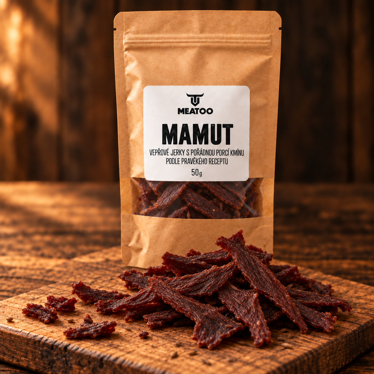 Produktová vizualizace MAMUT: kraftový sáček a sušené maso s kořením na prkénku